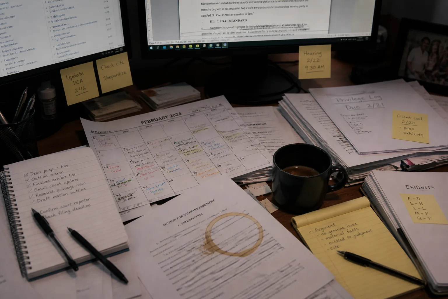 An overwhelmed accountant's desk in February — papers stacked in every direction, coffee ring stain on documents, sticky notes covering the monitors, a calendar buried underneath.