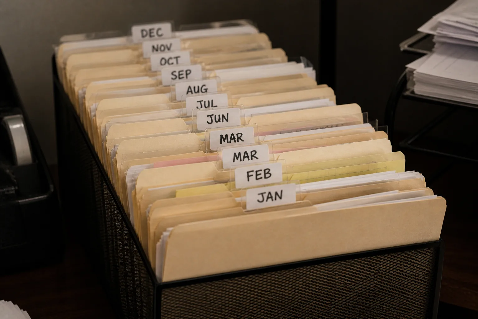A filing rack of manila folders labeled by month — January through December — organized manually, one folder at a time.