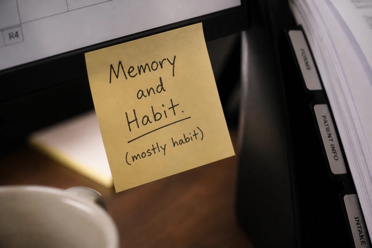 A sticky note on a monitor reading 'Memory and Habit. (mostly habit)' — the actual operating system of most dental front desks.