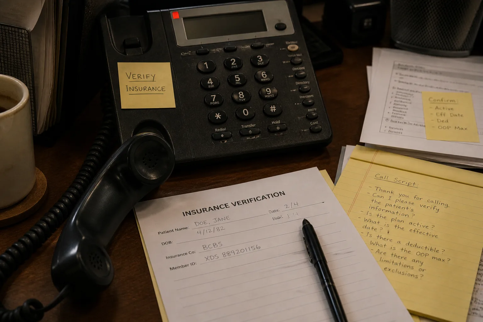 A desk phone with a 'Verify Insurance' sticky note stuck to it, next to a manually filled insurance verification form — the paper-based process that runs in parallel to the practice management software.