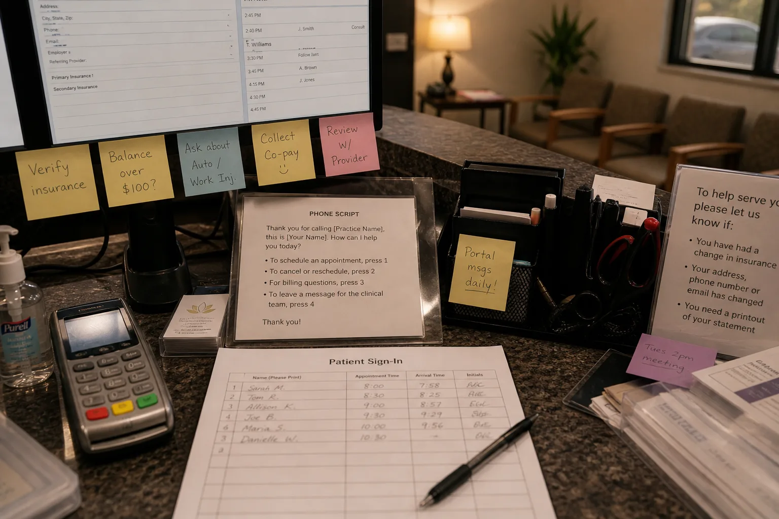 A dental front desk covered in sticky notes — verify insurance, collect co-pay, balance over $100 — alongside a printed phone script and a paper patient sign-in sheet.
