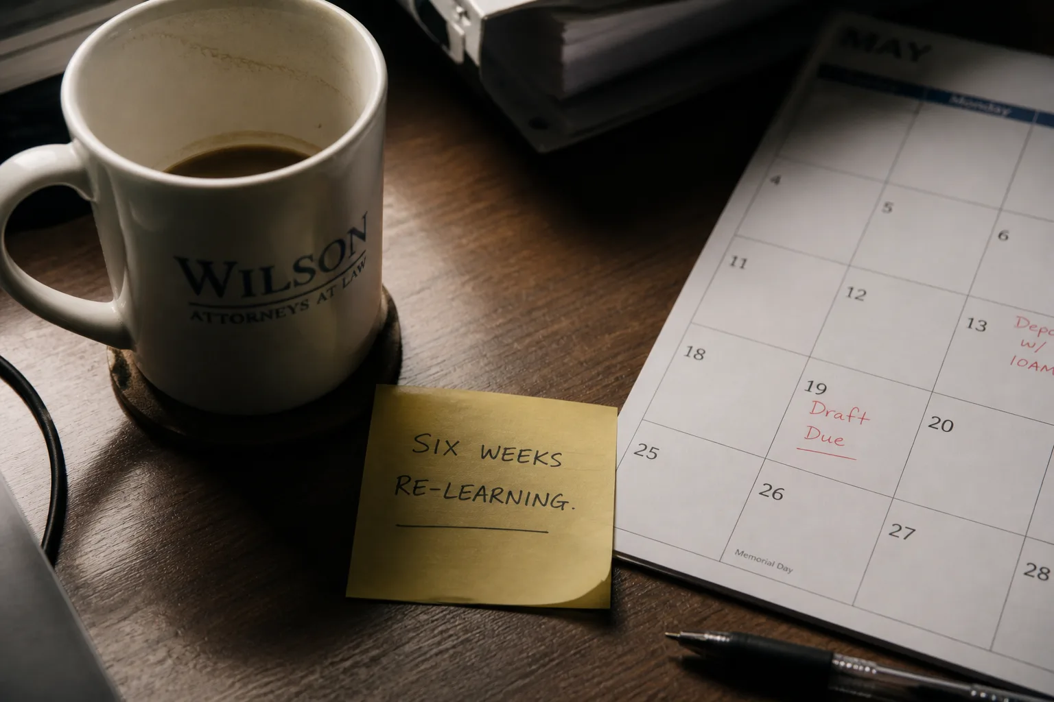 A sticky note reading 'Six weeks re-learning' sits on a desk beside a Wilson Attorneys at Law coffee mug and a calendar — the cost of staff turnover with no documented processes.