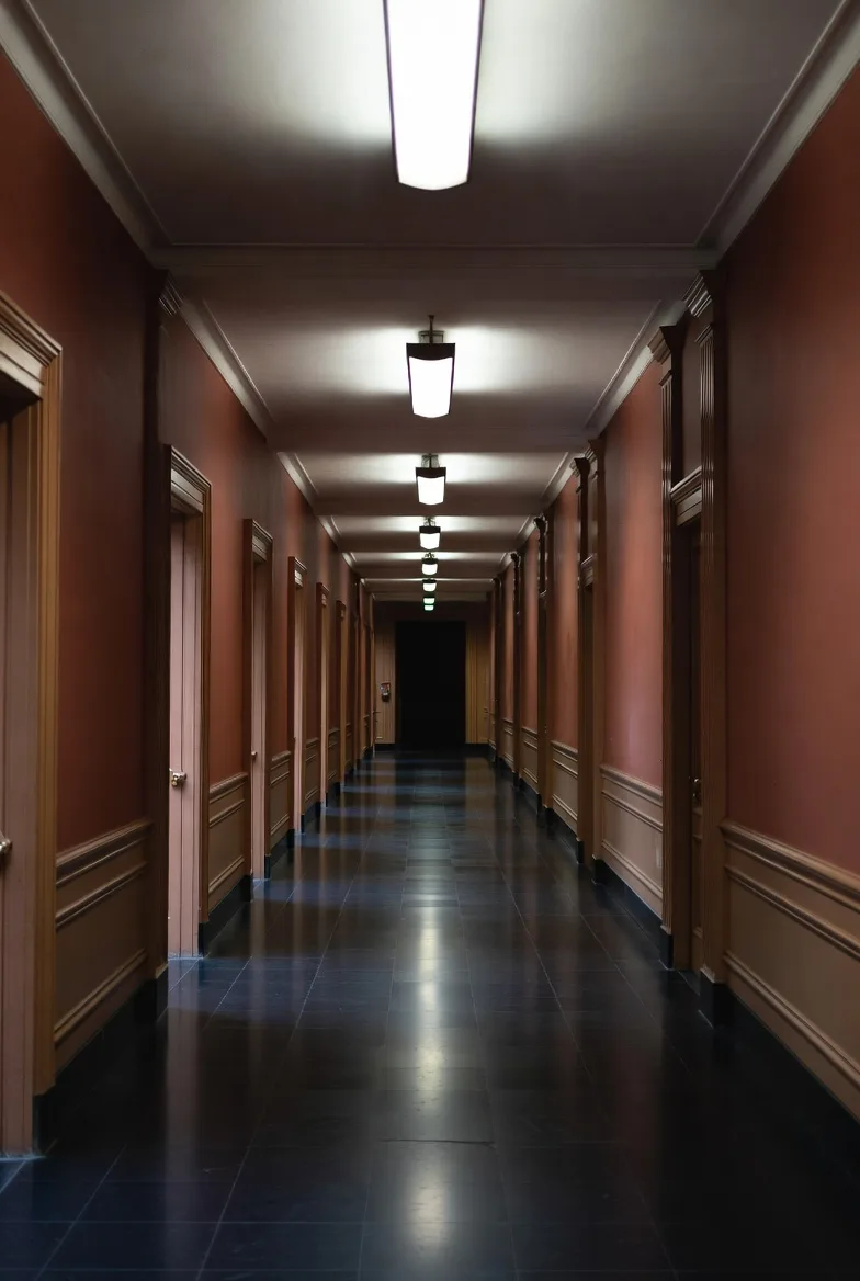 Empty corridor of a law firm — formal, institutional, rows of closed office doors receding into the distance.